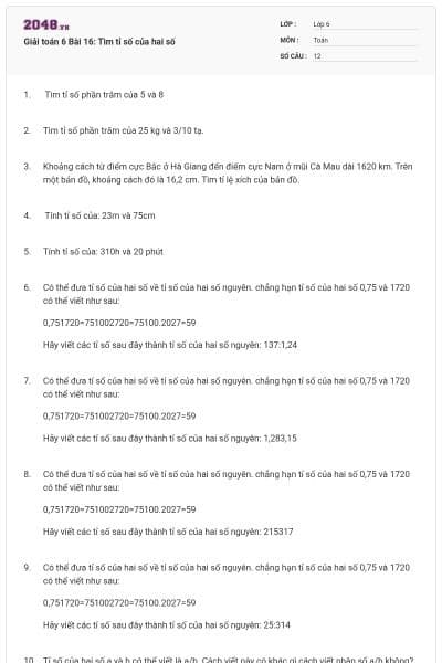 Giải toán 6 Bài 16: Tìm tỉ số của hai số