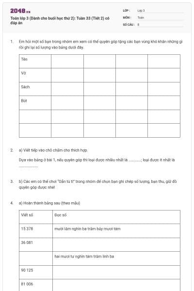 Toán lớp 3 (Dành cho buổi học thứ 2): Tuần 33 (Tiết 2) có đáp án