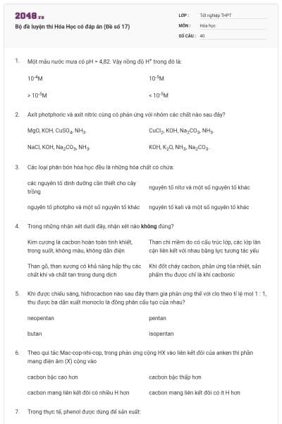 Bộ đề luyện thi Hóa Học có đáp án (Đề số 17)