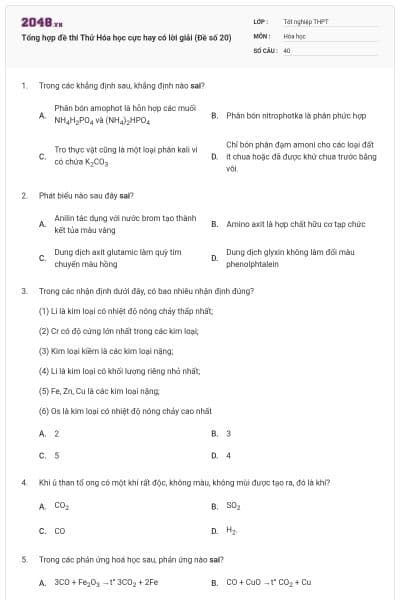 Tổng hợp đề thi Thử Hóa học cực hay có lời giải (Đề số 20)