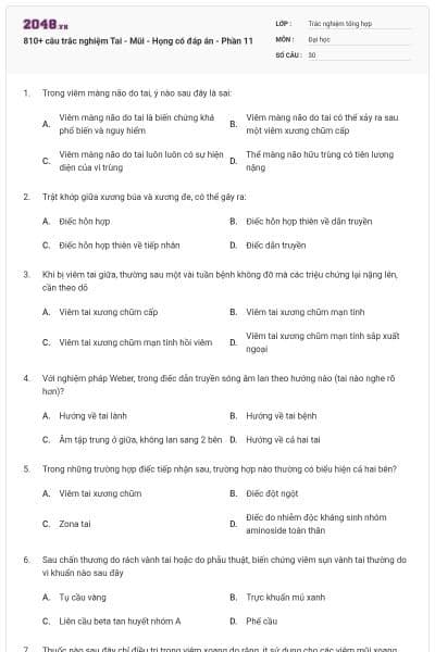 810+ câu trắc nghiệm Tai - Mũi - Họng có đáp án - Phần 11