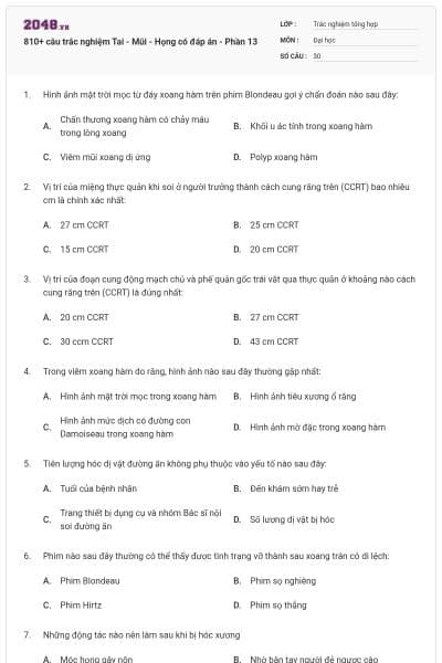 810+ câu trắc nghiệm Tai - Mũi - Họng có đáp án - Phần 13