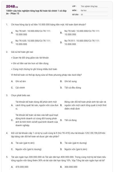 1000+ câu trắc nghiệm tổng hợp Kế toán tài chính 1 có đáp án - Phần 15