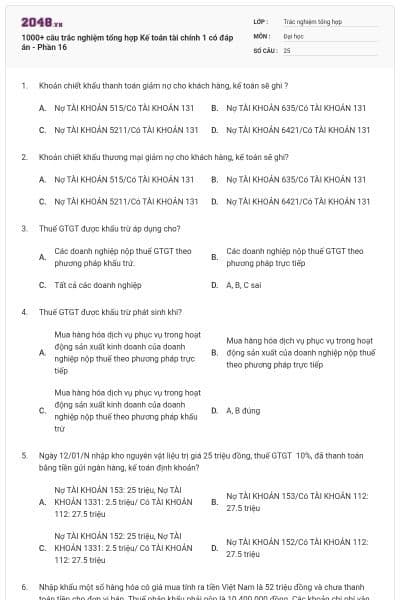 1000+ câu trắc nghiệm tổng hợp Kế toán tài chính 1 có đáp án - Phần 16