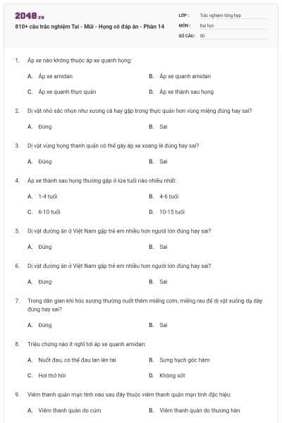 810+ câu trắc nghiệm Tai - Mũi - Họng có đáp án - Phần 14