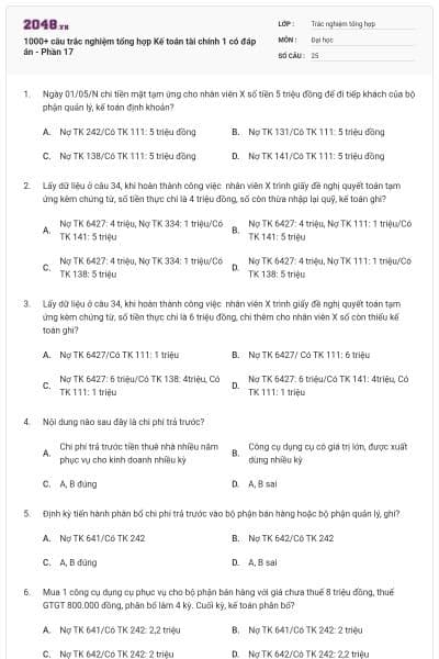 1000+ câu trắc nghiệm tổng hợp Kế toán tài chính 1 có đáp án - Phần 17