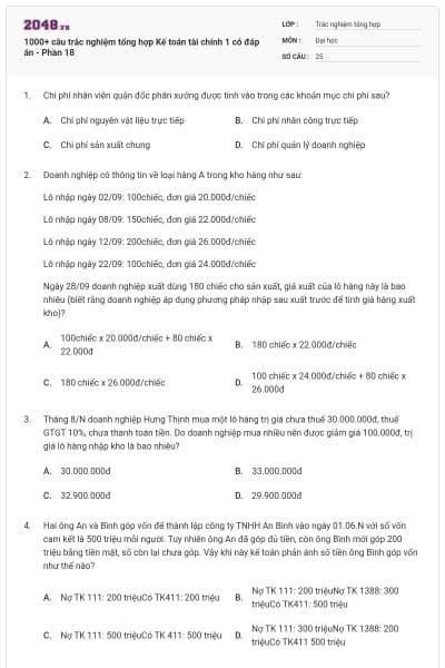 1000+ câu trắc nghiệm tổng hợp Kế toán tài chính 1 có đáp án - Phần 18