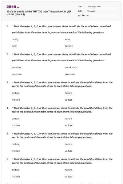 30 đề thi thử đề thi thử THPTQG môn Tiếng Anh có lời giải chi tiết (Đề số 4)