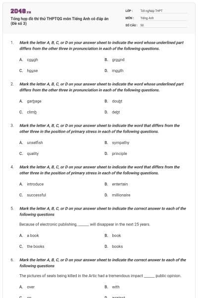 Tổng hợp đề thi thử THPTQG môn Tiếng Anh có đáp án (Đề số 3)