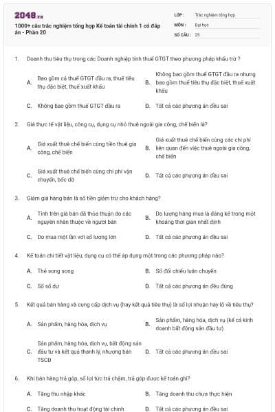 1000+ câu trắc nghiệm tổng hợp Kế toán tài chính 1 có đáp án - Phần 20