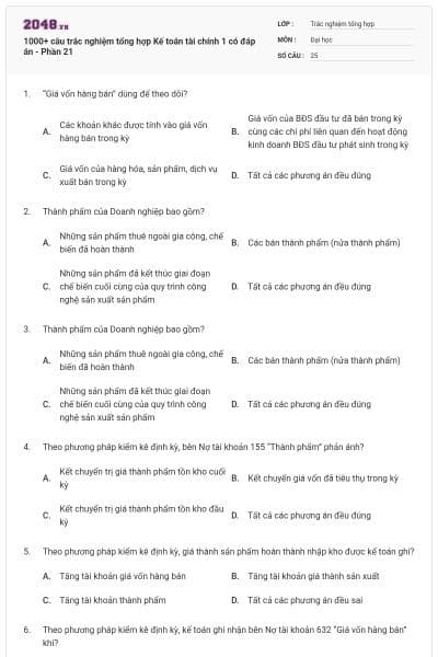 1000+ câu trắc nghiệm tổng hợp Kế toán tài chính 1 có đáp án - Phần 21