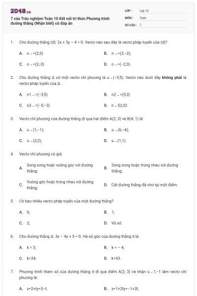 7 câu Trắc nghiệm Toán 10 Kết nối tri thức Phương trình đường thẳng (Nhận biết) có đáp án