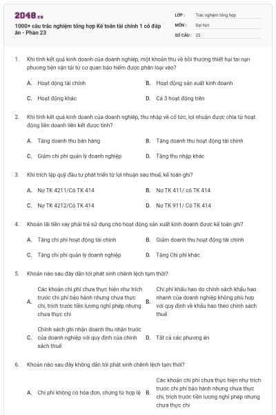 1000+ câu trắc nghiệm tổng hợp Kế toán tài chính 1 có đáp án - Phần 23