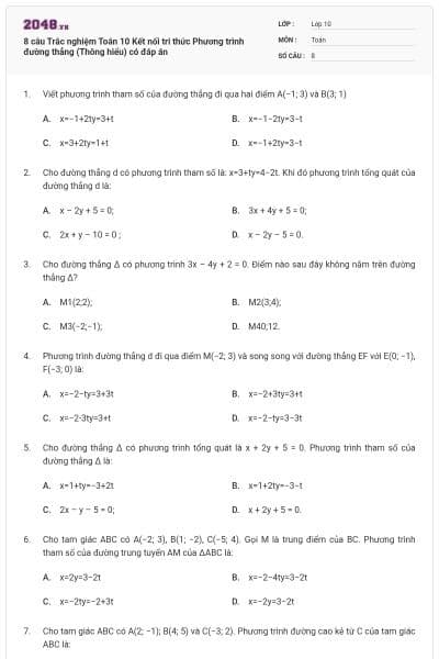 8 câu Trắc nghiệm Toán 10 Kết nối tri thức Phương trình đường thẳng (Thông hiểu) có đáp án