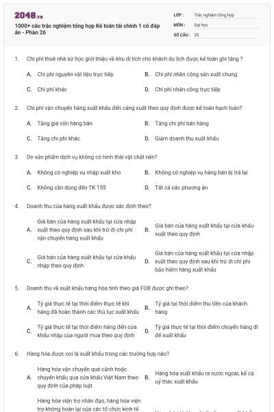 1000+ câu trắc nghiệm tổng hợp Kế toán tài chính 1 có đáp án - Phần 26