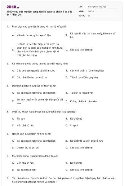 1000+ câu trắc nghiệm tổng hợp Kế toán tài chính 1 có đáp án - Phần 26