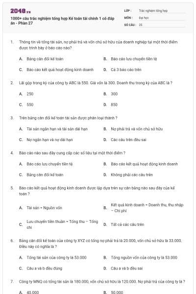 1000+ câu trắc nghiệm tổng hợp Kế toán tài chính 1 có đáp án - Phần 27
