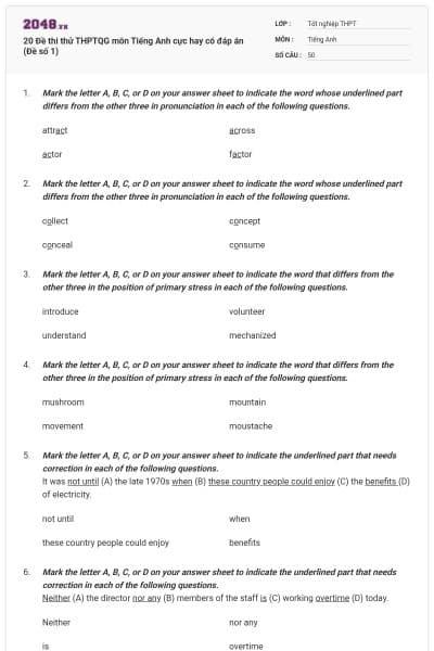 20 Đề thi thử THPTQG môn Tiếng Anh cực hay có đáp án (Đề số 1)