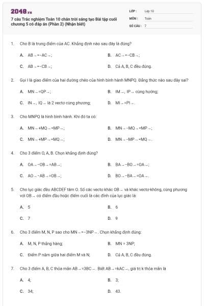 7 câu Trắc nghiệm Toán 10 chân trời sáng tạo Bài tập cuối chương 5 có đáp án (Phần 2) (Nhận biết)