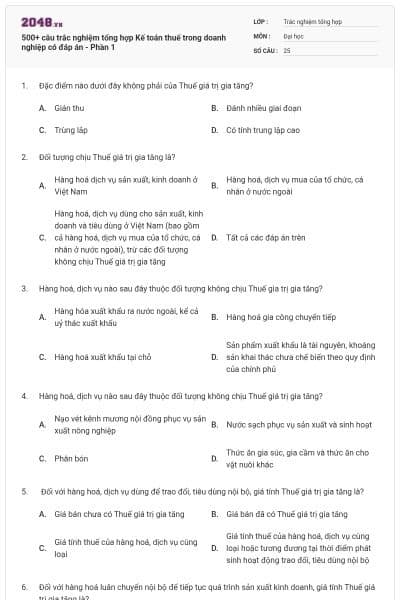 500+ câu trắc nghiệm tổng hợp Kế toán thuế trong doanh nghiệp có đáp án - Phần 1
