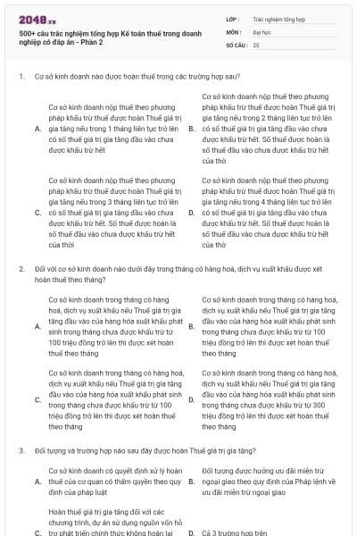 500+ câu trắc nghiệm tổng hợp Kế toán thuế trong doanh nghiệp có đáp án - Phần 2