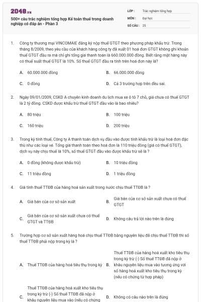 500+ câu trắc nghiệm tổng hợp Kế toán thuế trong doanh nghiệp có đáp án - Phần 3