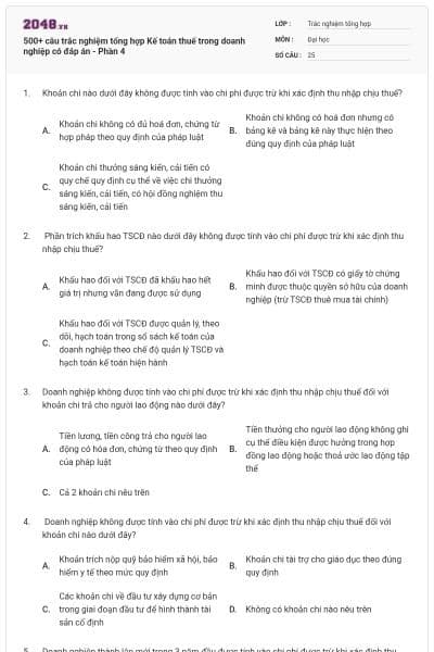 500+ câu trắc nghiệm tổng hợp Kế toán thuế trong doanh nghiệp có đáp án - Phần 4