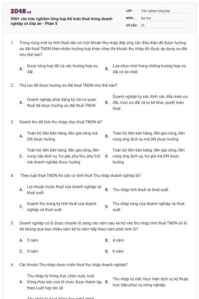 500+ câu trắc nghiệm tổng hợp Kế toán thuế trong doanh nghiệp có đáp án - Phần 5