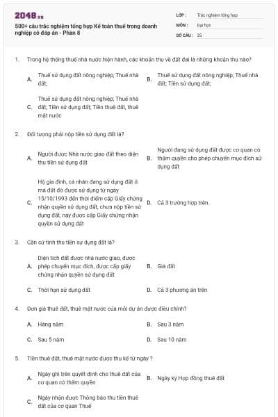 500+ câu trắc nghiệm tổng hợp Kế toán thuế trong doanh nghiệp có đáp án - Phần 8