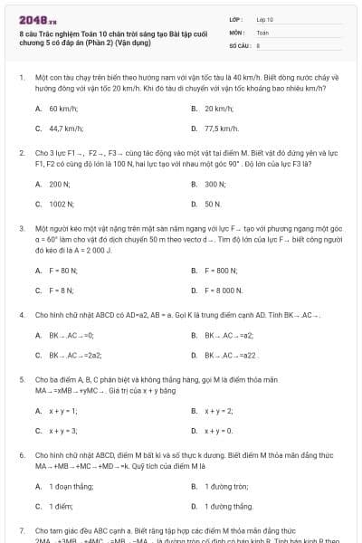 8 câu Trắc nghiệm Toán 10 chân trời sáng tạo Bài tập cuối chương 5 có đáp án (Phần 2) (Vận dụng)