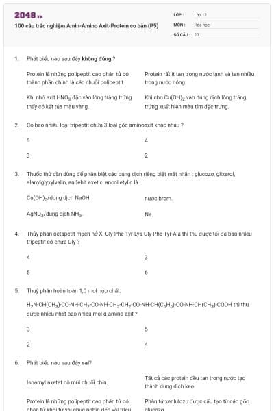 100 câu trắc nghiệm Amin-Amino Axit-Protein cơ bản (P5)