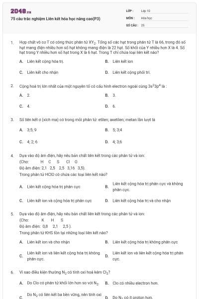 75 câu trắc nghiệm Liên kết hóa học nâng cao(P3)