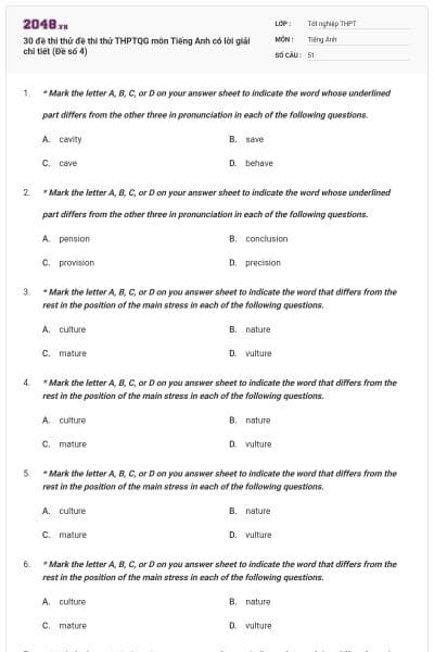 30 đề thi thử đề thi thử THPTQG môn Tiếng Anh có lời giải chi tiết (Đề số 4)