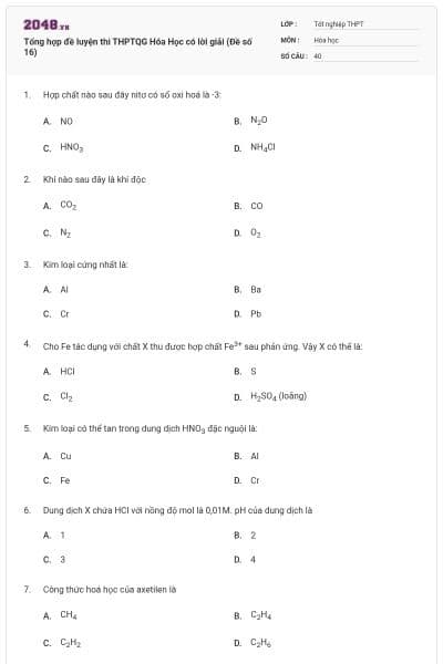 Tổng hợp đề luyện thi THPTQG Hóa Học có lời giải (Đề số 16)