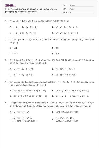 5 câu Trắc nghiệm Toán 10 Kết nối tri thức Đường tròn mặt phẳng toạ độ (Vận dụng) có đáp án
