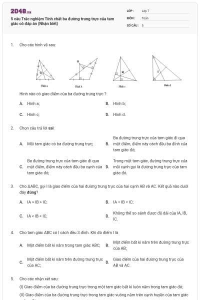 5 câu Trắc nghiệm Tính chất ba đường trung trực của tam giác có đáp án (Nhận biết)