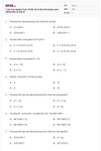 7 câu Trắc nghiệm Toán 10 Kết nối tri thức Ba đường conic (Nhận biết) có đáp án