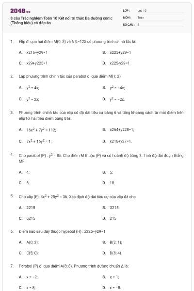 8 câu Trắc nghiệm Toán 10 Kết nối tri thức Ba đường conic (Thông hiểu) có đáp án