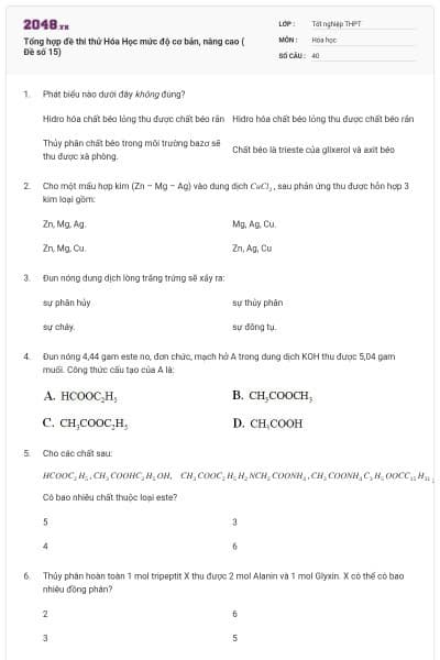 Tổng hợp đề thi thử Hóa Học mức độ cơ bản, nâng cao ( Đề số 15)