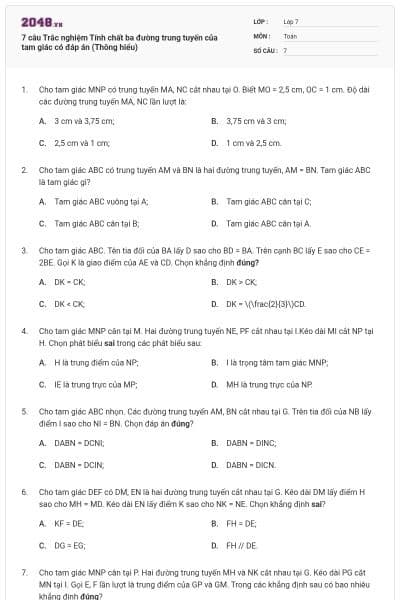 7 câu Trắc nghiệm Tính chất ba đường trung tuyến của tam giác có đáp án (Thông hiểu)