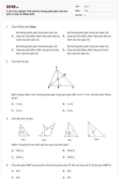 5 câu Trắc nghiệm Tính chất ba đường phân giác của tam giác có đáp án (Nhận biết)