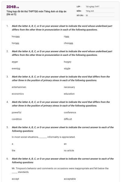 Tổng hợp đề thi thử THPTQG môn Tiếng Anh có đáp án (Đề số 5)