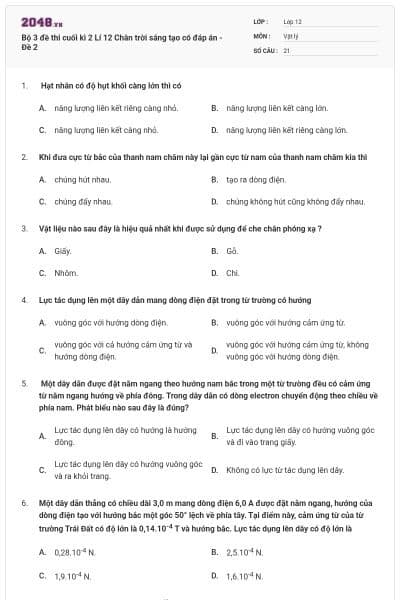 Bộ 3 đề thi cuối kì 2 Lí 12 Chân trời sáng tạo có đáp án - Đề 2