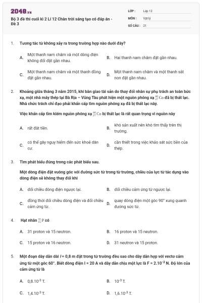Bộ 3 đề thi cuối kì 2 Lí 12 Chân trời sáng tạo có đáp án - Đề 3