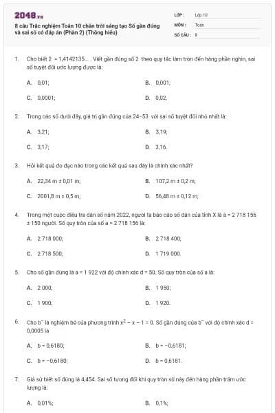 8 câu Trắc nghiệm Toán 10 chân trời sáng tạo Số gần đúng và sai số có đáp án (Phần 2) (Thông hiểu)