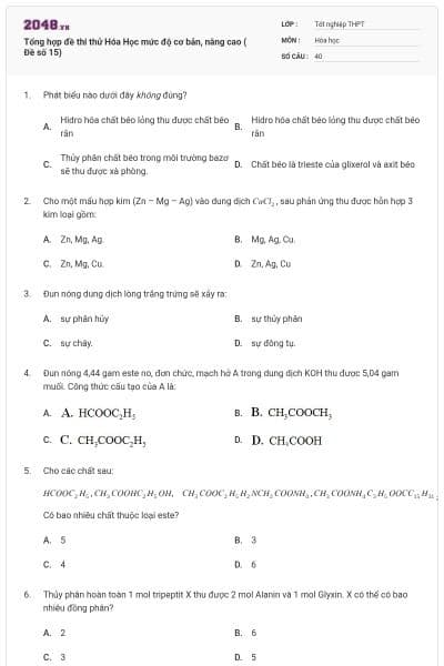 Tổng hợp đề thi thử Hóa Học mức độ cơ bản, nâng cao ( Đề số 15)