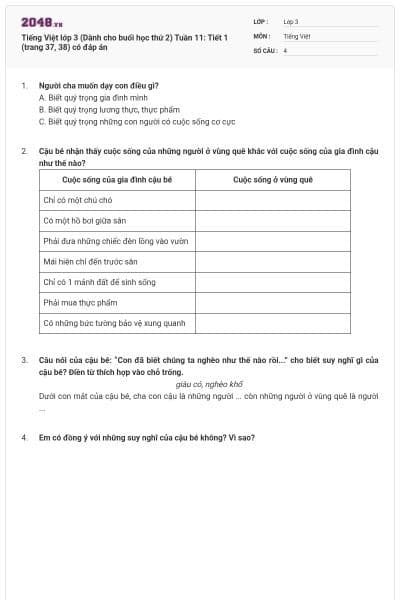 Tiếng Việt lớp 3 (Dành cho buổi học thứ 2) Tuần 11: Tiết 1 (trang 37, 38) có đáp án