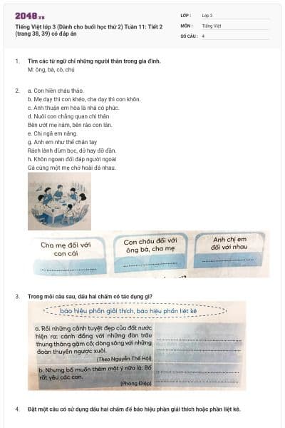 Tiếng Việt lớp 3 (Dành cho buổi học thứ 2) Tuần 11: Tiết 2 (trang 38, 39) có đáp án