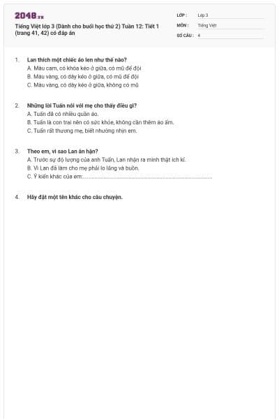 Tiếng Việt lớp 3 (Dành cho buổi học thứ 2) Tuần 12: Tiết 1 (trang 41, 42) có đáp án