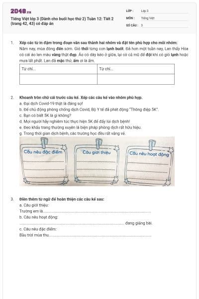 Tiếng Việt lớp 3 (Dành cho buổi học thứ 2) Tuần 12: Tiết 2 (trang 42, 43) có đáp án